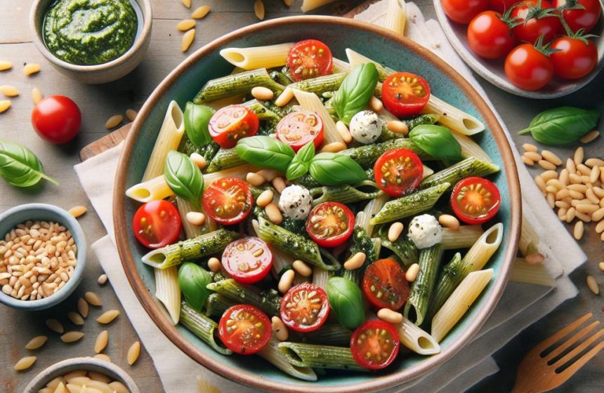 Salade de Pâtes au Pesto avec Tomates Cerises et Pignons de Pin
