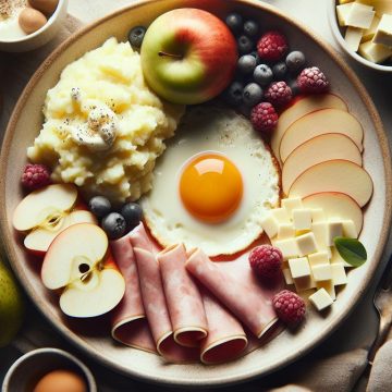 Purée de Pommes de Terre au Jambon et Œuf au Plat, suivie de Fromage Blanc aux Fruits de Saison