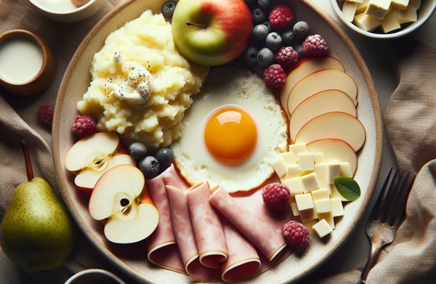 Purée de Pommes de Terre au Jambon et Œuf au Plat, suivie de Fromage Blanc aux Fruits de Saison