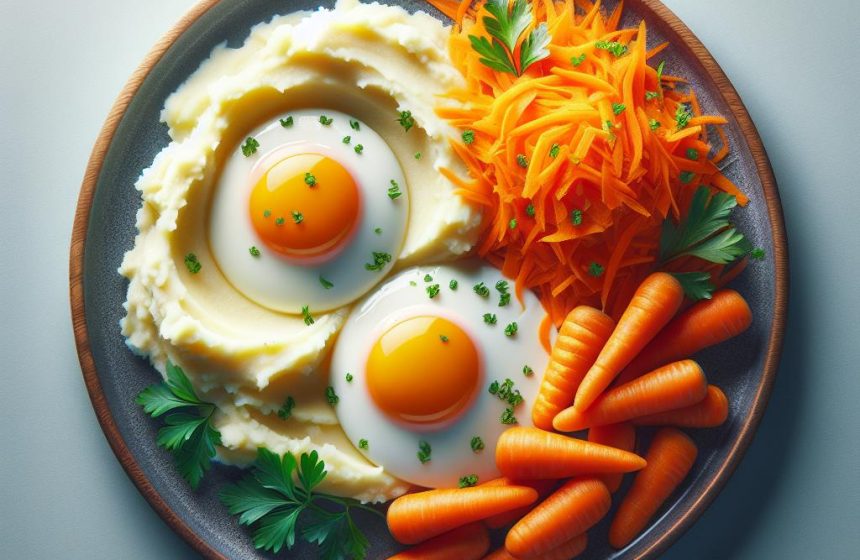 Délice d&rsquo;Œufs au Plat avec Purée de Pommes de Terre et Carottes Râpées