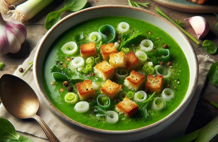 Soupe de Cresson et Poireaux aux Croûtons