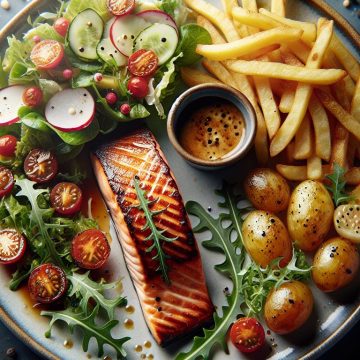 Pavé de Saumon avec Salade Fraîche et Frites Légères