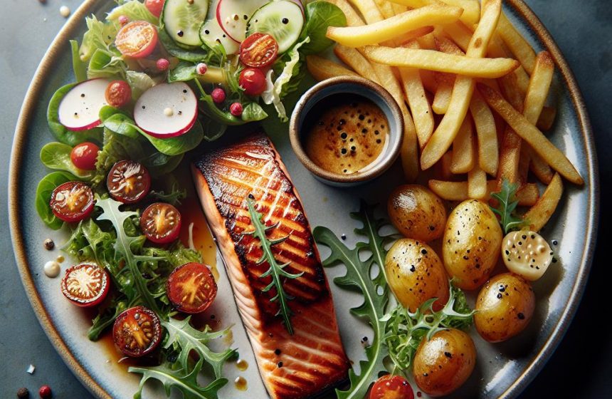 Pavé de Saumon avec Salade Fraîche et Frites Légères