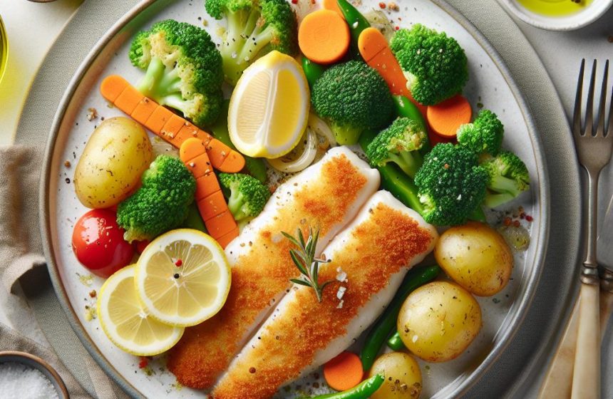 Filet de Poisson Pané avec Légumes Sautés