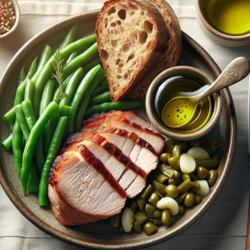Rôti de Porc Savoureux aux Haricots Verts et Pain Complet