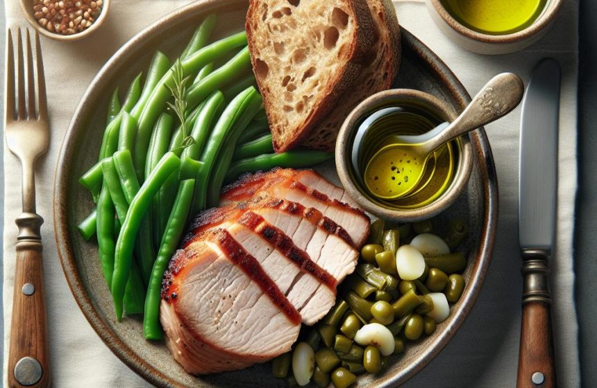 Rôti de Porc Savoureux aux Haricots Verts et Pain Complet