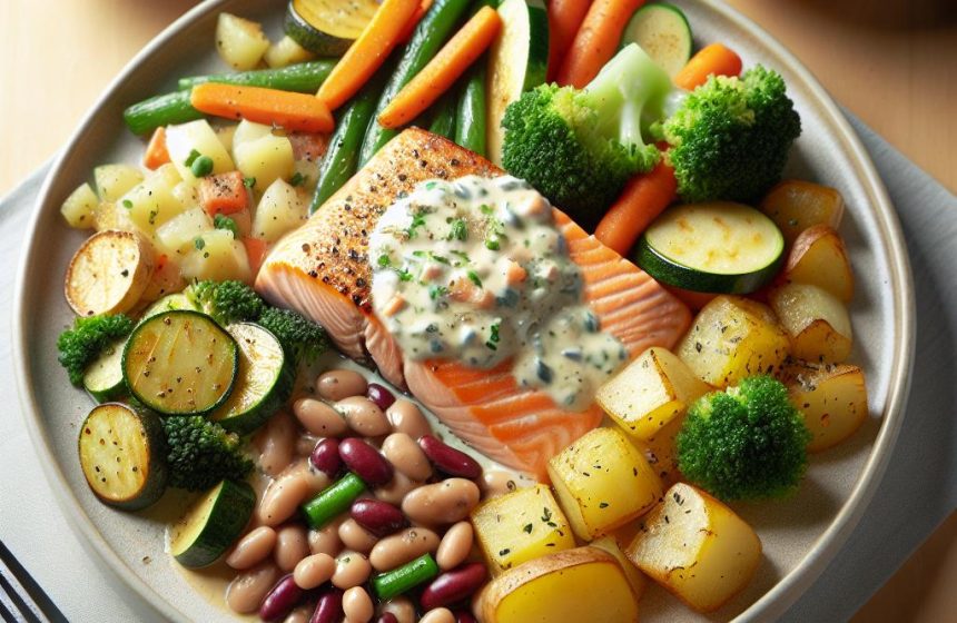 Saumon à la Crème avec Légumes, Haricots Rouges et Pommes de Terre Sautées