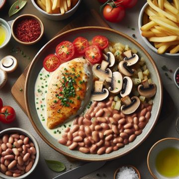 Poulet à la Crème avec Tomates et Ciboulette, Haricots Rouges, Champignons Sautés et Frites