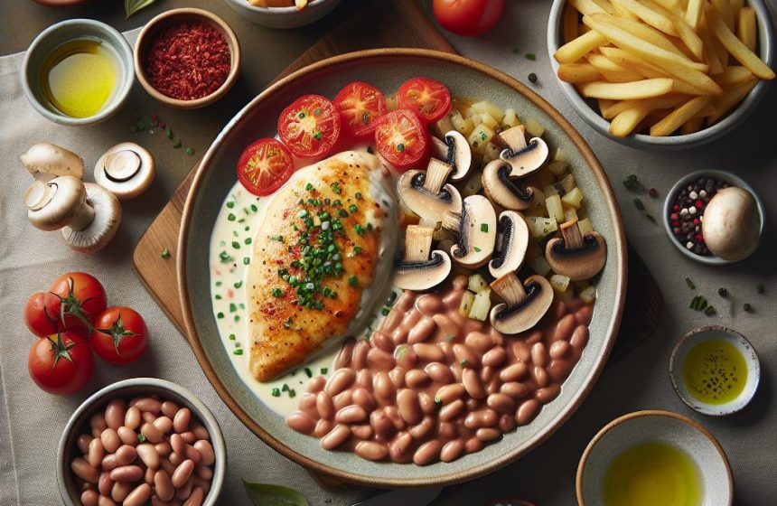 Poulet à la Crème avec Tomates et Ciboulette, Haricots Rouges, Champignons Sautés et Frites