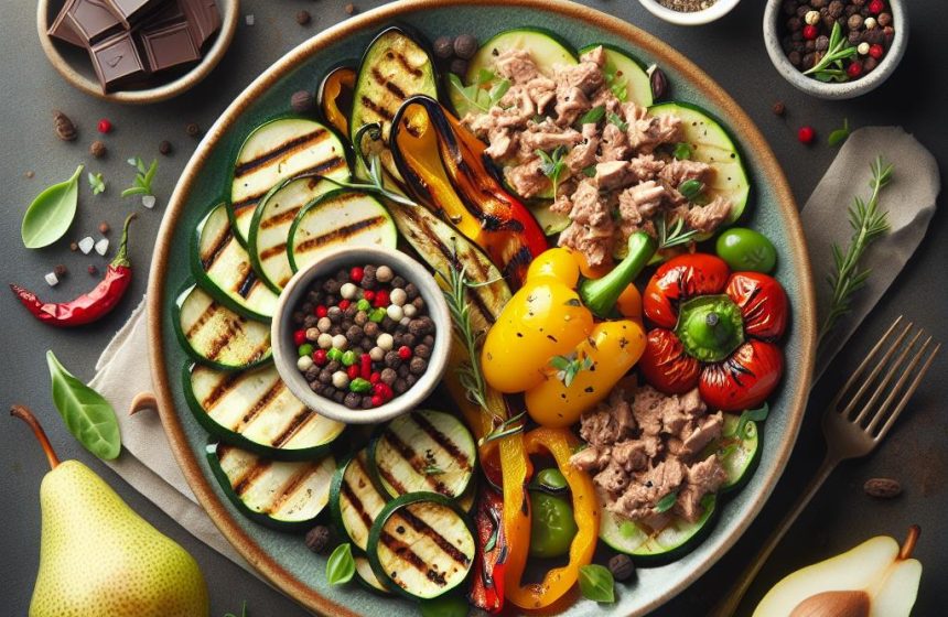 Légumes Grillés au Thon et Skyr avec Poire et Chocolat Noir