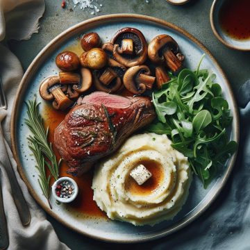 Agneau Rôti avec Purée de Pommes de Terre, Champignons et Roquette