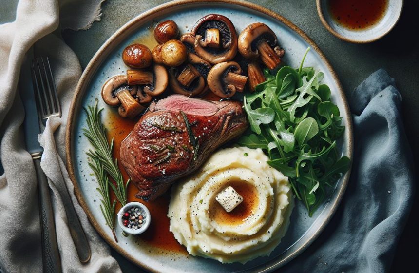 Agneau Rôti avec Purée de Pommes de Terre, Champignons et Roquette
