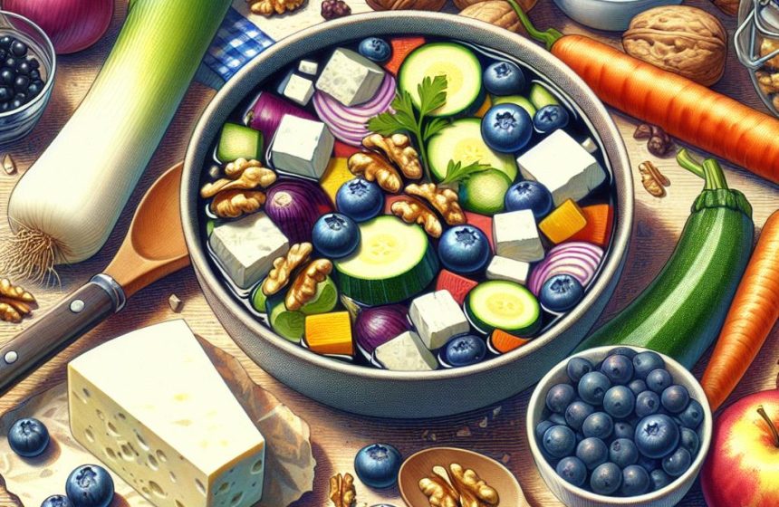 Soupe de Légumes Gourmande avec Fromage Blanc aux Myrtilles et Noix