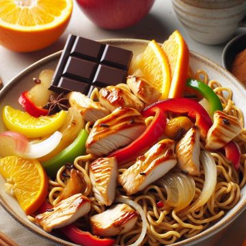Bol de Nouilles Sautées au Poulet et Fruits Frais