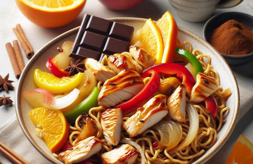 Bol de Nouilles Sautées au Poulet et Fruits Frais