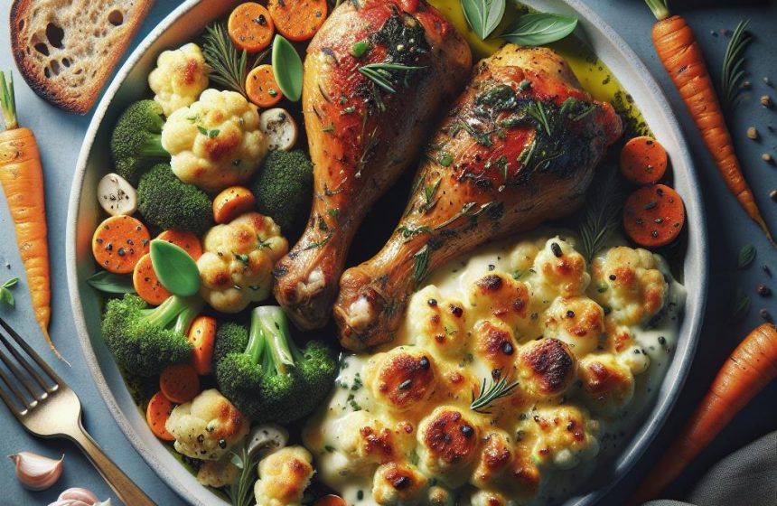 Pilons de Poulet Rôtis avec Gratin de Chou-Fleur et Carottes