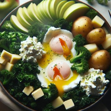 Oeufs Pochés sur Lit de Chou Kale et Pommes de Terre au Fromage Blanc