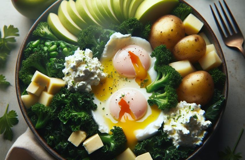 Oeufs Pochés sur Lit de Chou Kale et Pommes de Terre au Fromage Blanc