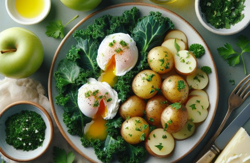 Délice d&rsquo;Oeufs Pochés sur Lit de Chou Kale et Pommes de Terre Persillées