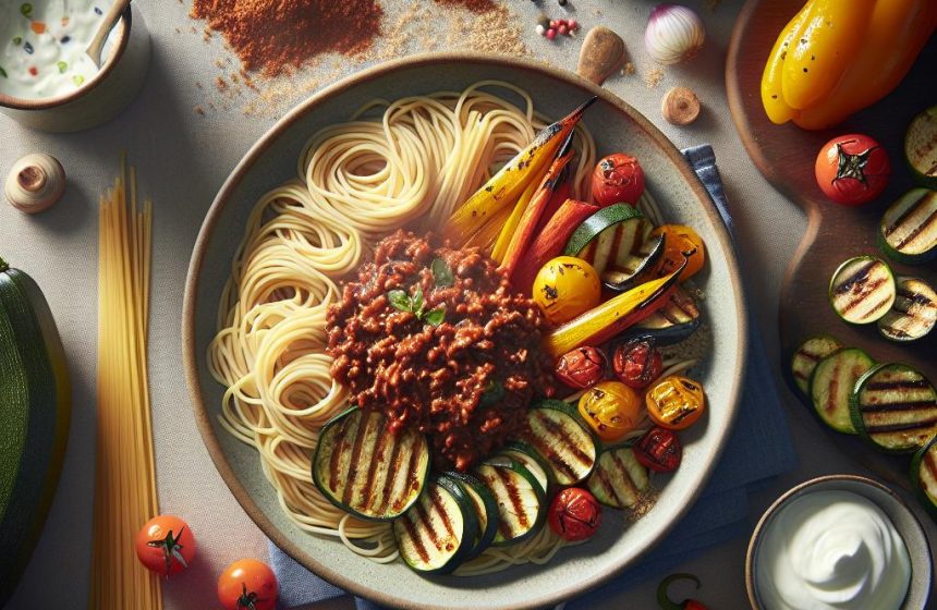 Spaghetti aux Légumes Grillés et Hachis de Sanglier à la Bolognaise