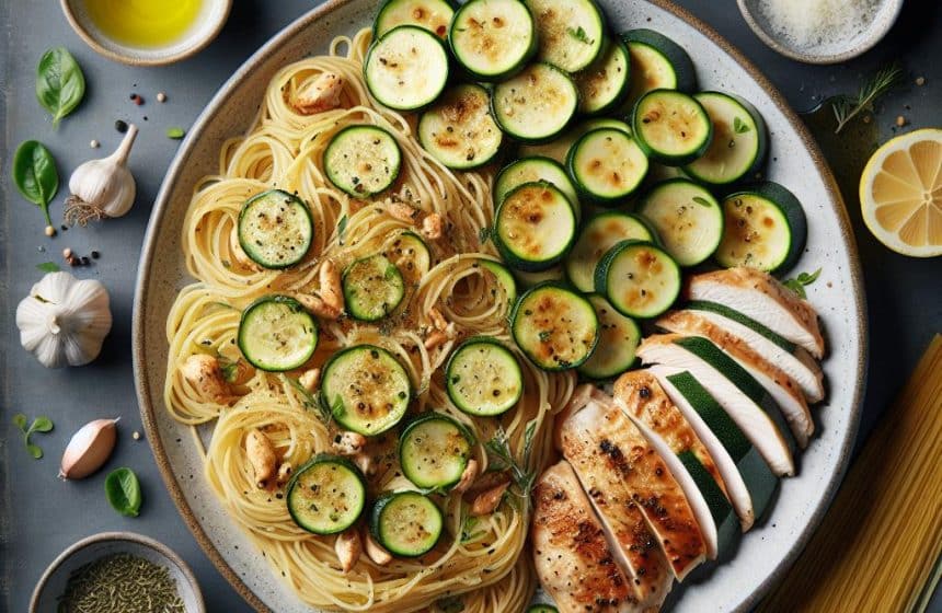 Spaghettis au Poulet Mariné et Courgettes