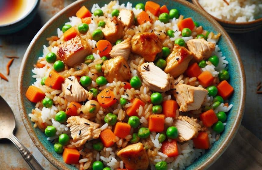 Riz Sauté aux Légumes et Poulet avec Compote de Pomme Vanillée