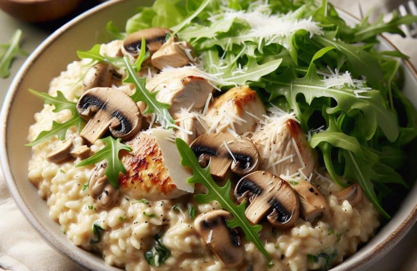 Risotto Crémeux au Poulet et Champignons avec Salade Verte