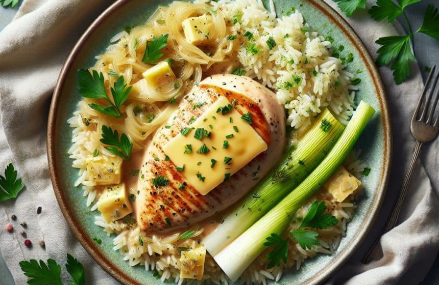 Poulet à la Crème de Poireau avec Gouda, Riz et Persil