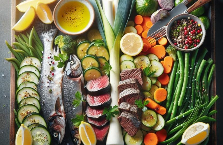 Filet de Dorade et Truite aux Légumes et Émincé de Bœuf