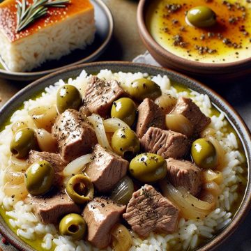 Sauté de Veau aux Olives avec Riz et Flan