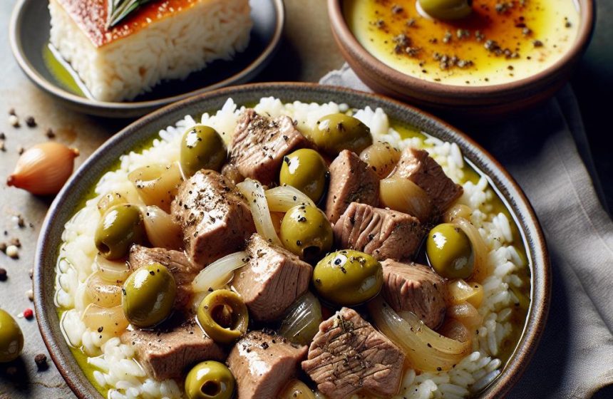 Sauté de Veau aux Olives avec Riz et Flan