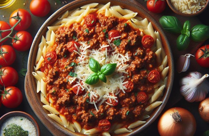 Orzo & Bœuf Haché en Sauce Pomodoro avec Fromage Frais Onctueux aux Herbes
