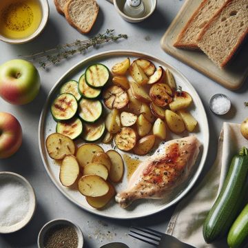 Poulet Rôti aux Courgettes et Pommes de Terre avec Pain Complet et Compote de Pommes