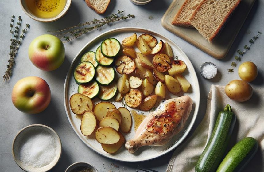 Poulet Rôti aux Courgettes et Pommes de Terre avec Pain Complet et Compote de Pommes