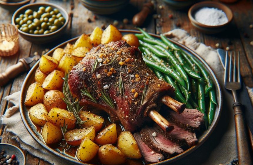 Agneau Rôti aux Pommes de Terre Sautées et Haricots