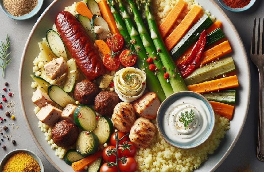 Couscous aux Légumes et Viandes avec Asperges Blanches et Crème d&rsquo;Artichauts
