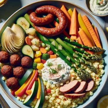 Couscous aux Légumes et Viandes Savoureuses avec Asperges Blanches et Crème d’Artichauts