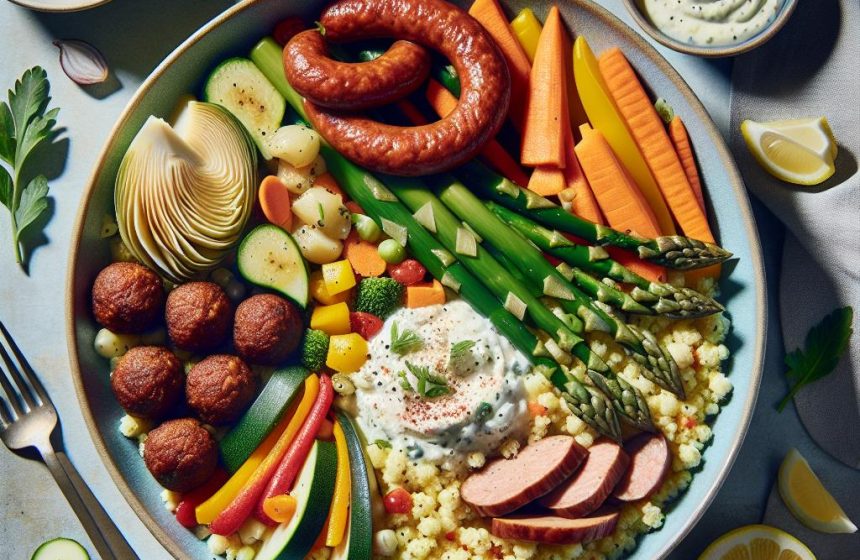 Couscous aux Légumes et Viandes Savoureuses avec Asperges Blanches et Crème d&rsquo;Artichauts