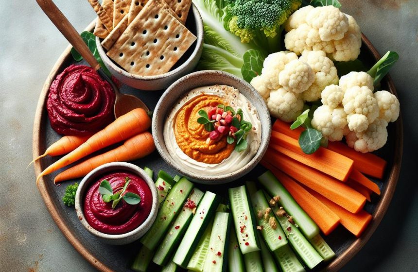 Assiette Gourmande de Légumes Croquants et Tartinades Colorées