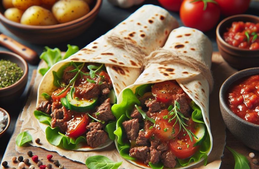 Wrap de Bœuf Savoureux avec Sauce Tomates et Patates au Four