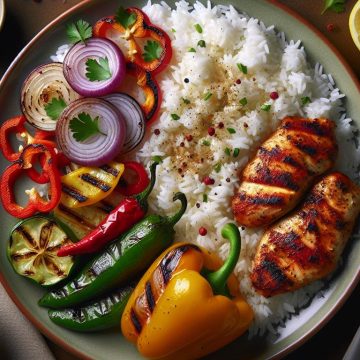 Riz Blanc avec Poulet Épicé et Légumes Grillés