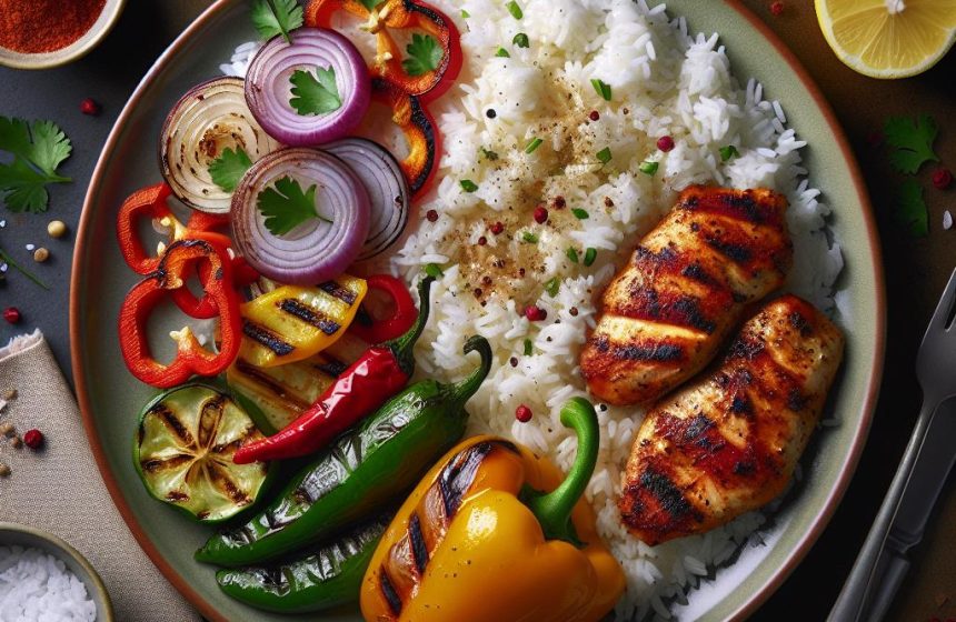 Riz Blanc avec Poulet Épicé et Légumes Grillés