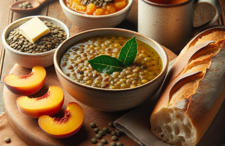 Soupe de Lentilles Gourmande avec Baguette et Compote de Pêche
