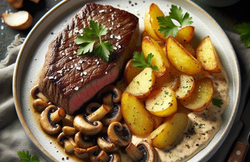 Filet de Bœuf Savoureux aux Pommes de Terre Rissolées et Champignons à la Crème
