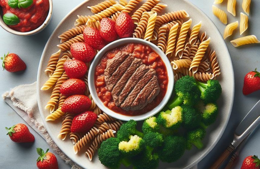 Brocoli et Pâtes Complètes au Steak Haché et Fraises