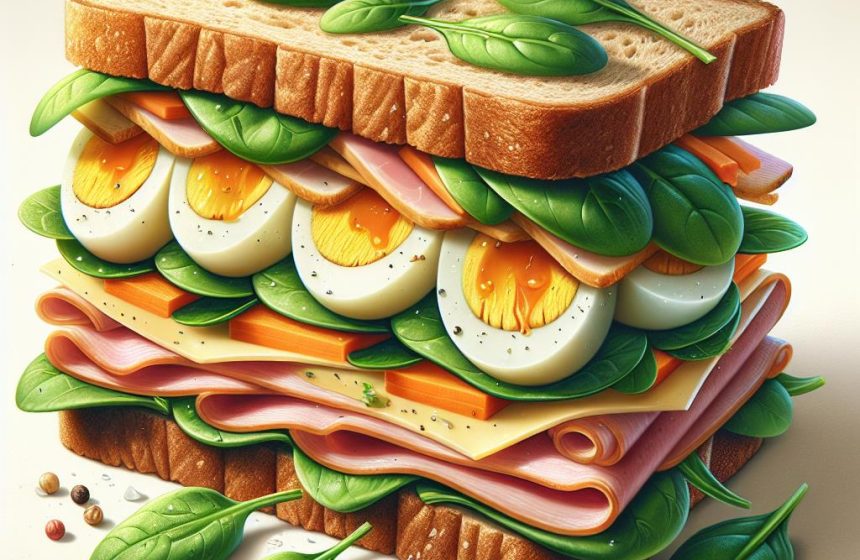 Sandwich Nutritif au Jambon, Œufs et Légumes Croquants
