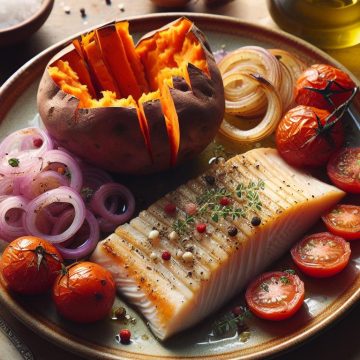 Patate Douce au Four avec Merlu Vapeur, Tomate et Oignon