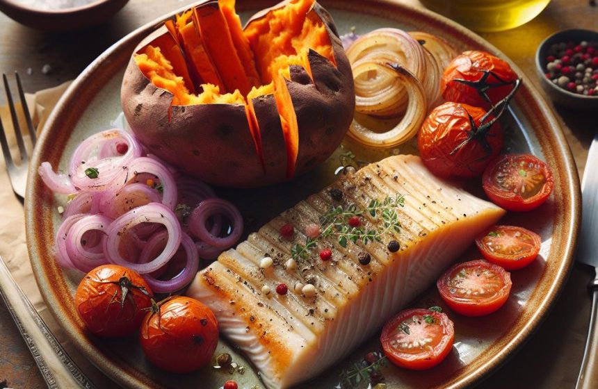 Patate Douce au Four avec Merlu Vapeur, Tomate et Oignon
