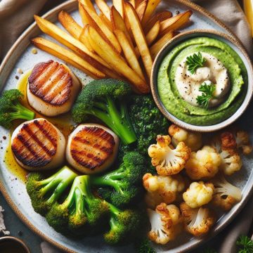 Noix de Saint-Jacques Poêlées avec Purée de Brocoli, Chou-Fleur Rôti et Pommes de Terre Sautées