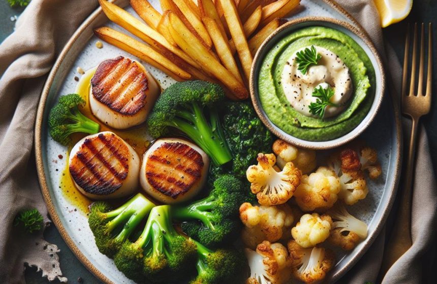 Noix de Saint-Jacques Poêlées avec Purée de Brocoli, Chou-Fleur Rôti et Pommes de Terre Sautées